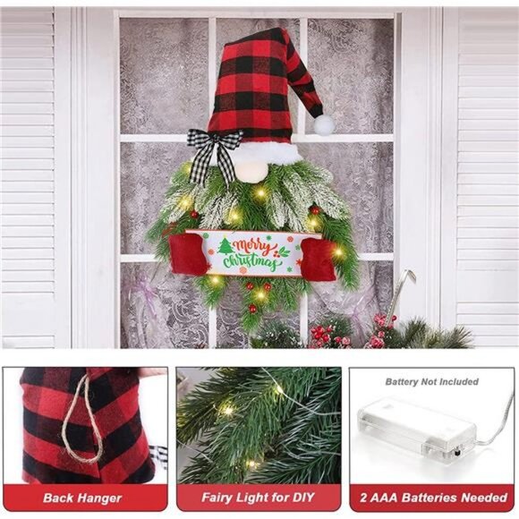 Artificial Pine Spruce Hanging Gnome Wreath with Lights - Picture 7 of 7